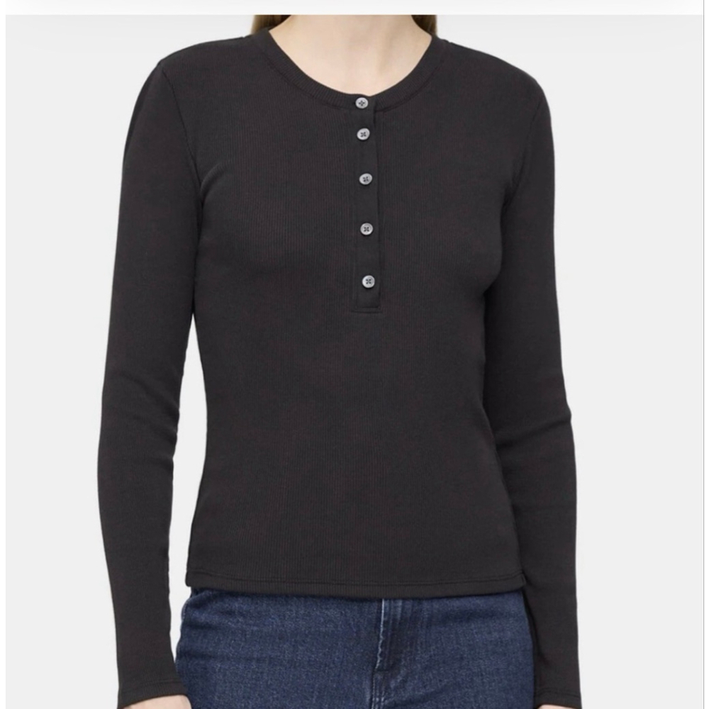 Women's Theory Black Ribbed Long Sleeve Henley Tee M